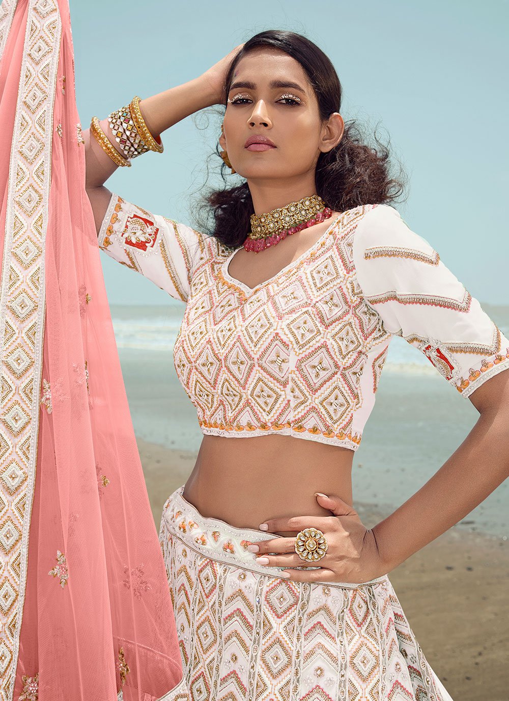 Lehenga Choli Georgette White Dori Work Lehenga Choli