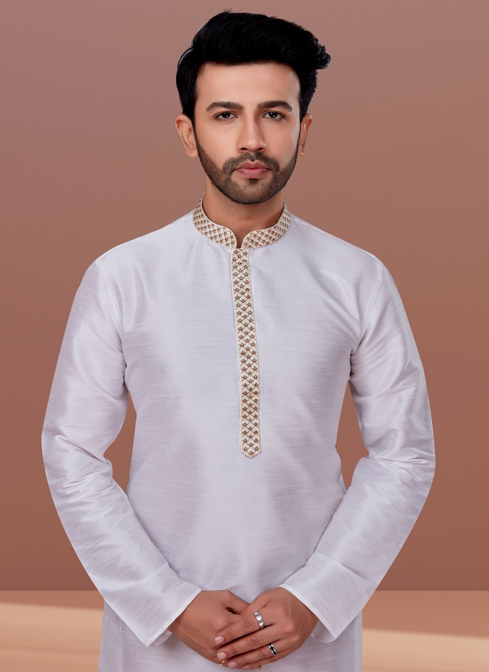 Kurta Pyjama Dupion Silk White Embroidered Mens