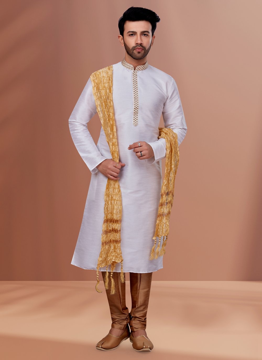 Kurta Pyjama Dupion Silk White Embroidered Mens