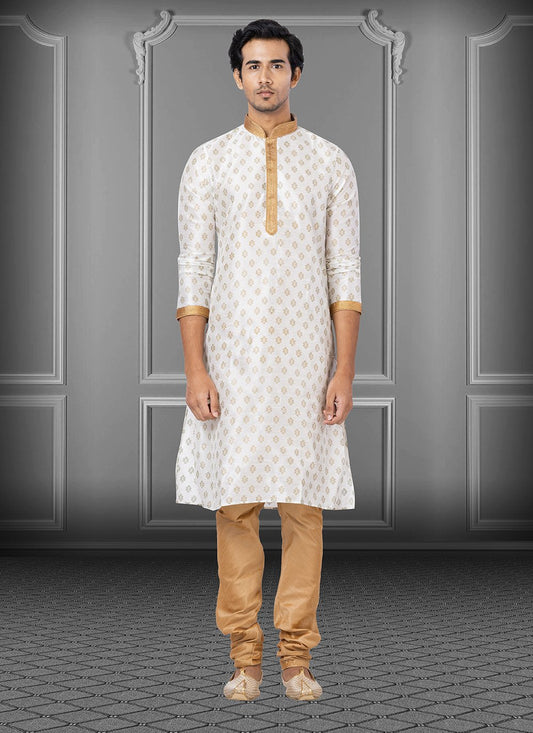 Kurta Pyjama Dupion Silk White Print Mens