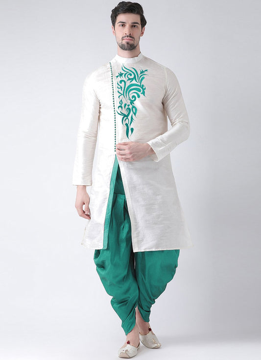 Angrakha Art Dupion Silk White Embroidered Mens