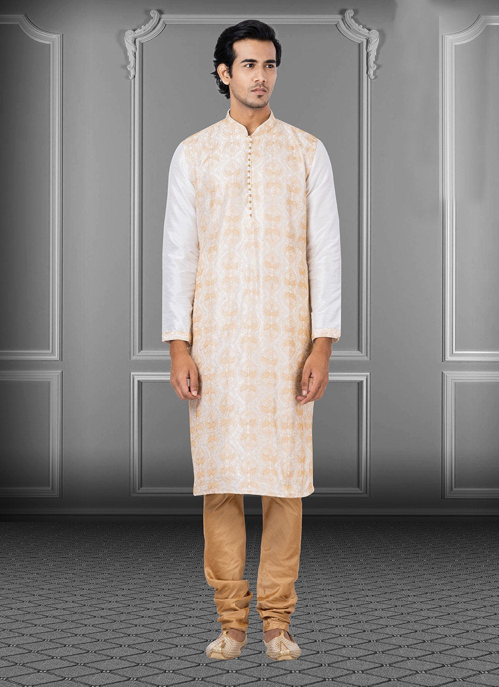 Kurta Pyjama Dupion Silk White Embroidered Mens