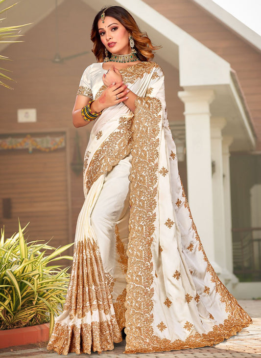 Contemporary Satin White Embroidered Saree