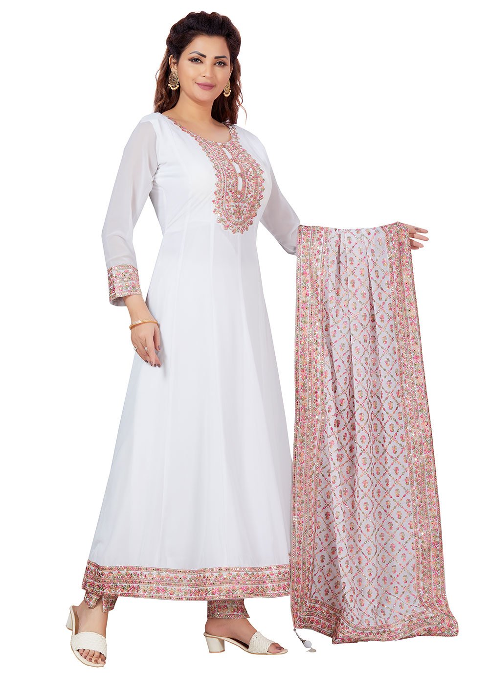 Salwar Suit Chanderi White Embroidered Salwar Kameez