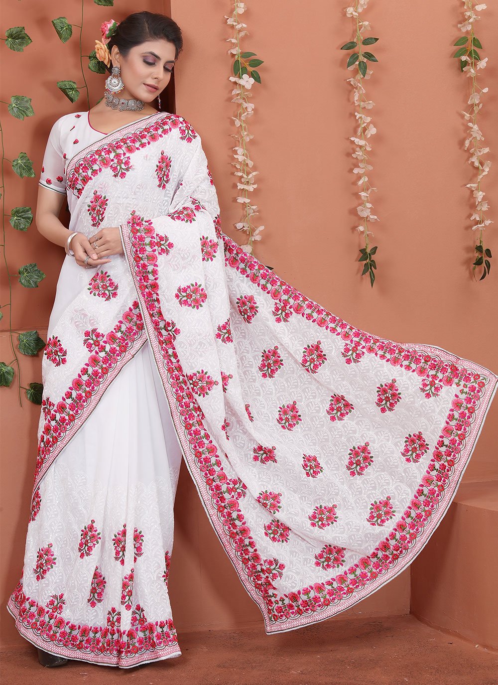 Contemporary Georgette White Embroidered Saree