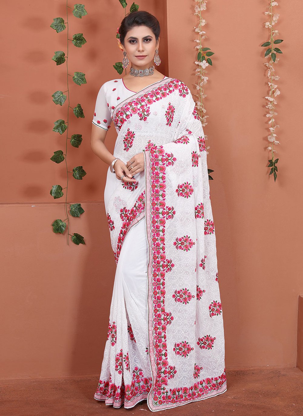 Contemporary Georgette White Embroidered Saree