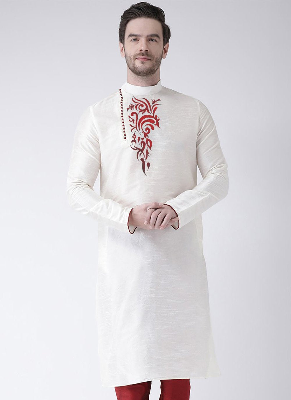 Kurta Art Dupion Silk White Embroidered Mens