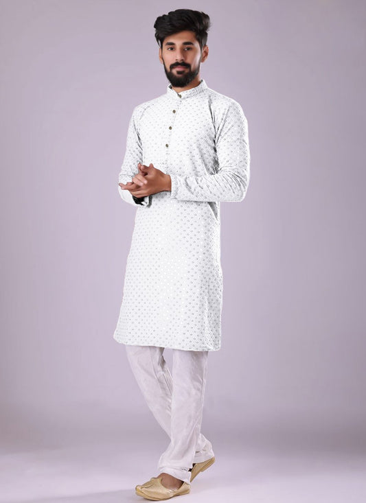 Kurta Pyjama Cotton White Chikankari Work Mens