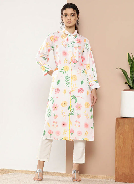 Designer Kurti Faux Crepe White Print Kurtis