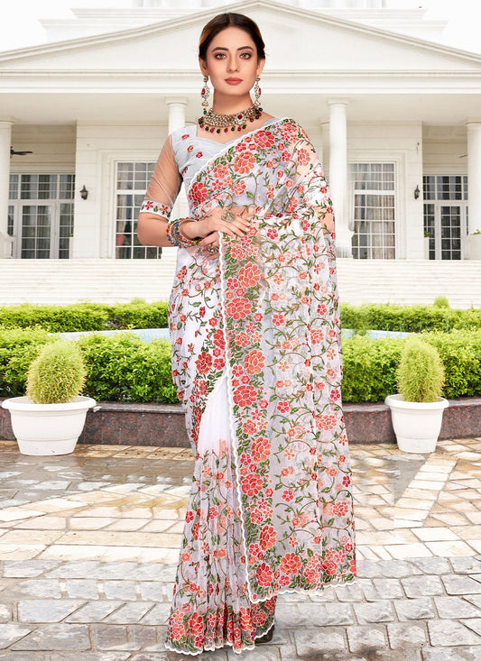 Classic Net White Embroidered Saree