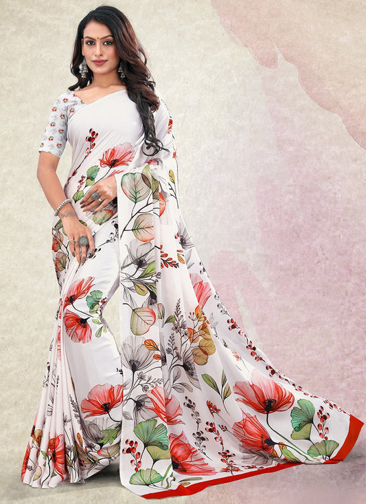 Contemporary Satin White Floral Patch Saree