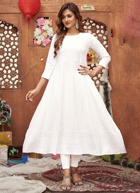 Gown Rayon White Chikankari Work Gown