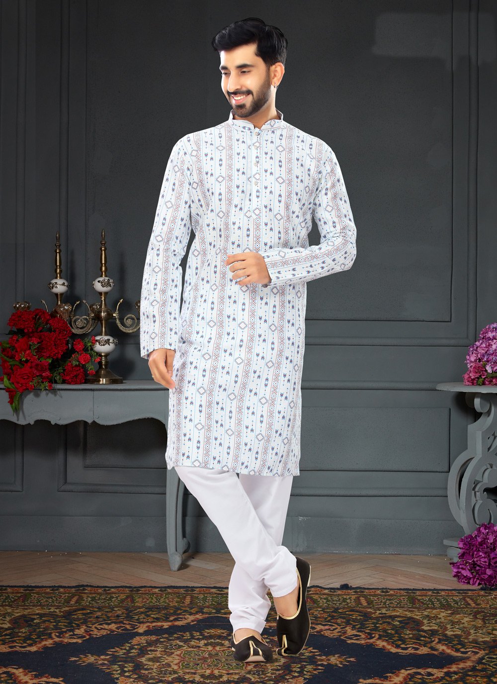 Kurta Pyjama Silk White Digital Print Mens