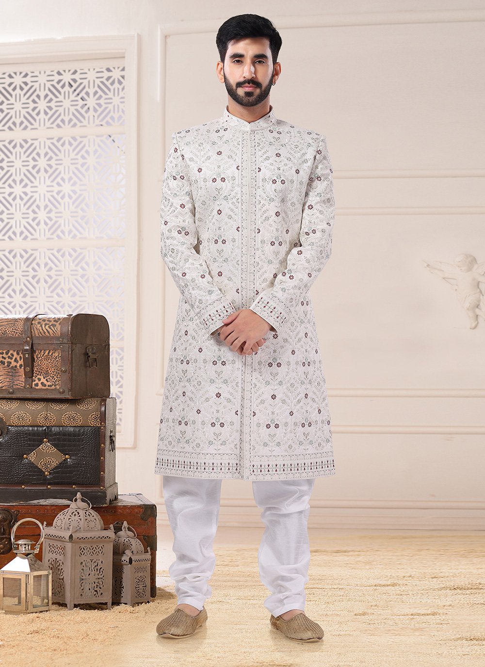Indo Western Sherwani Silk White Embroidered Mens