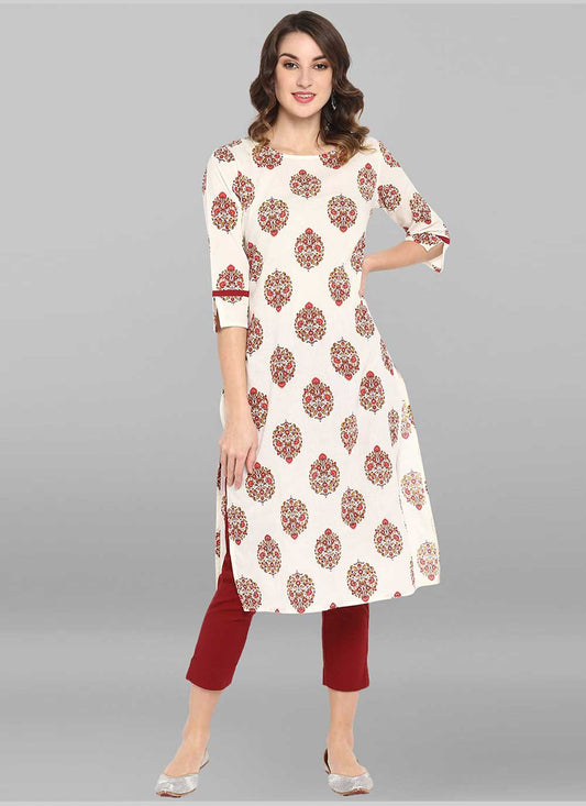 Casual Kurti Cotton White Floral Patch Kurtis