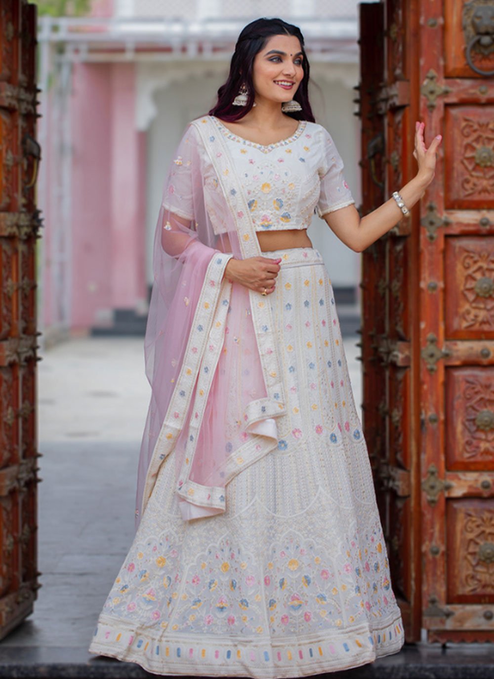 A Line Lehenga Georgette White Embroidered Lehenga Choli