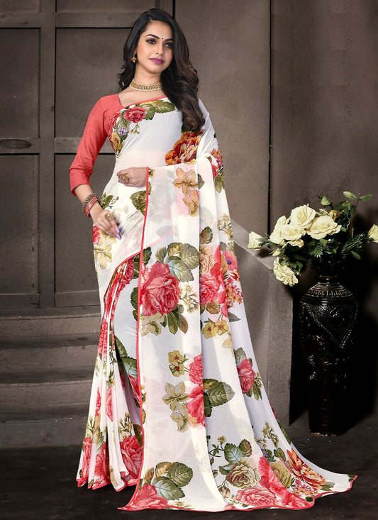 Classic Georgette White Floral Patch Saree