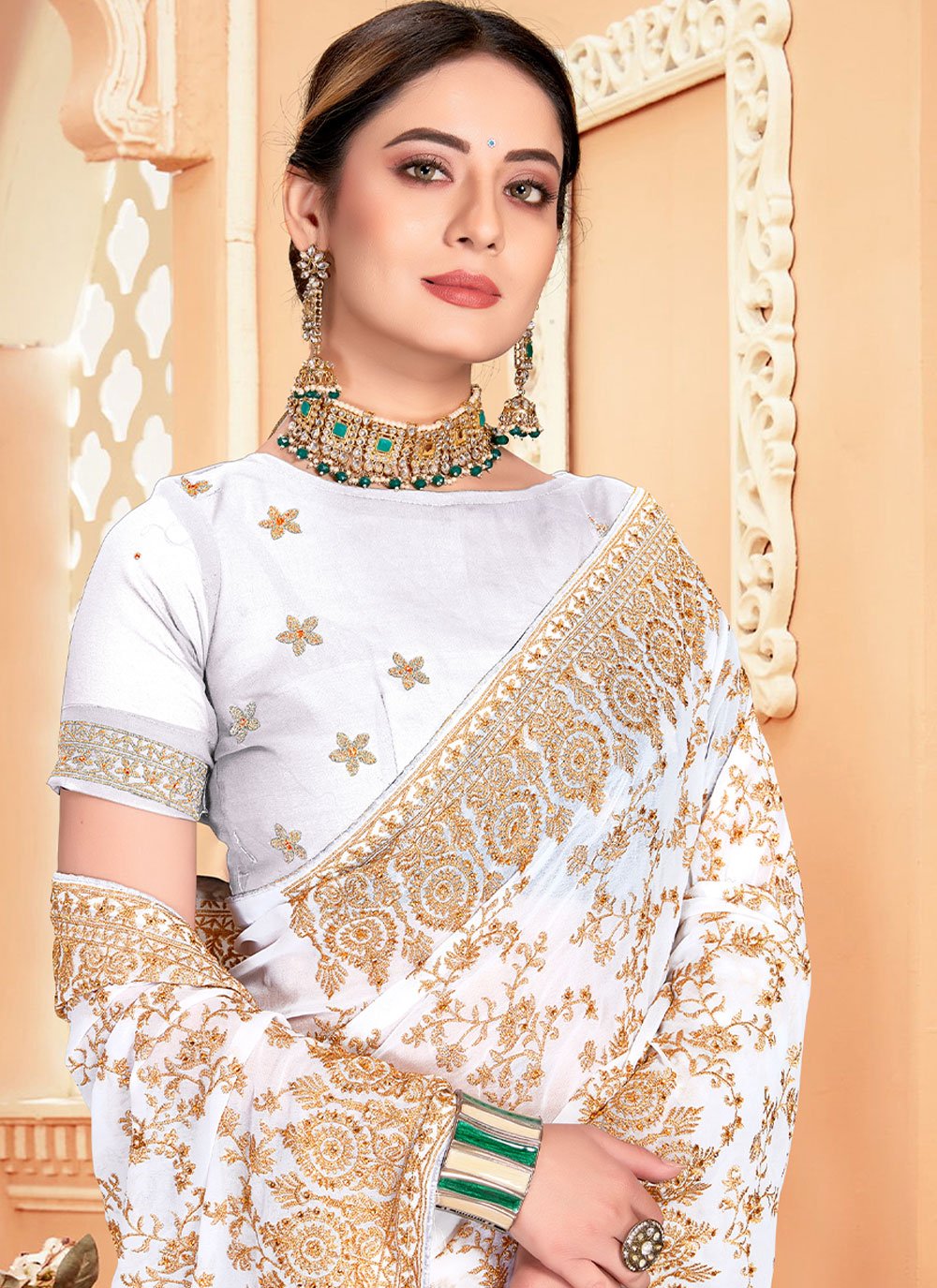 Classic Georgette White Embroidered Saree