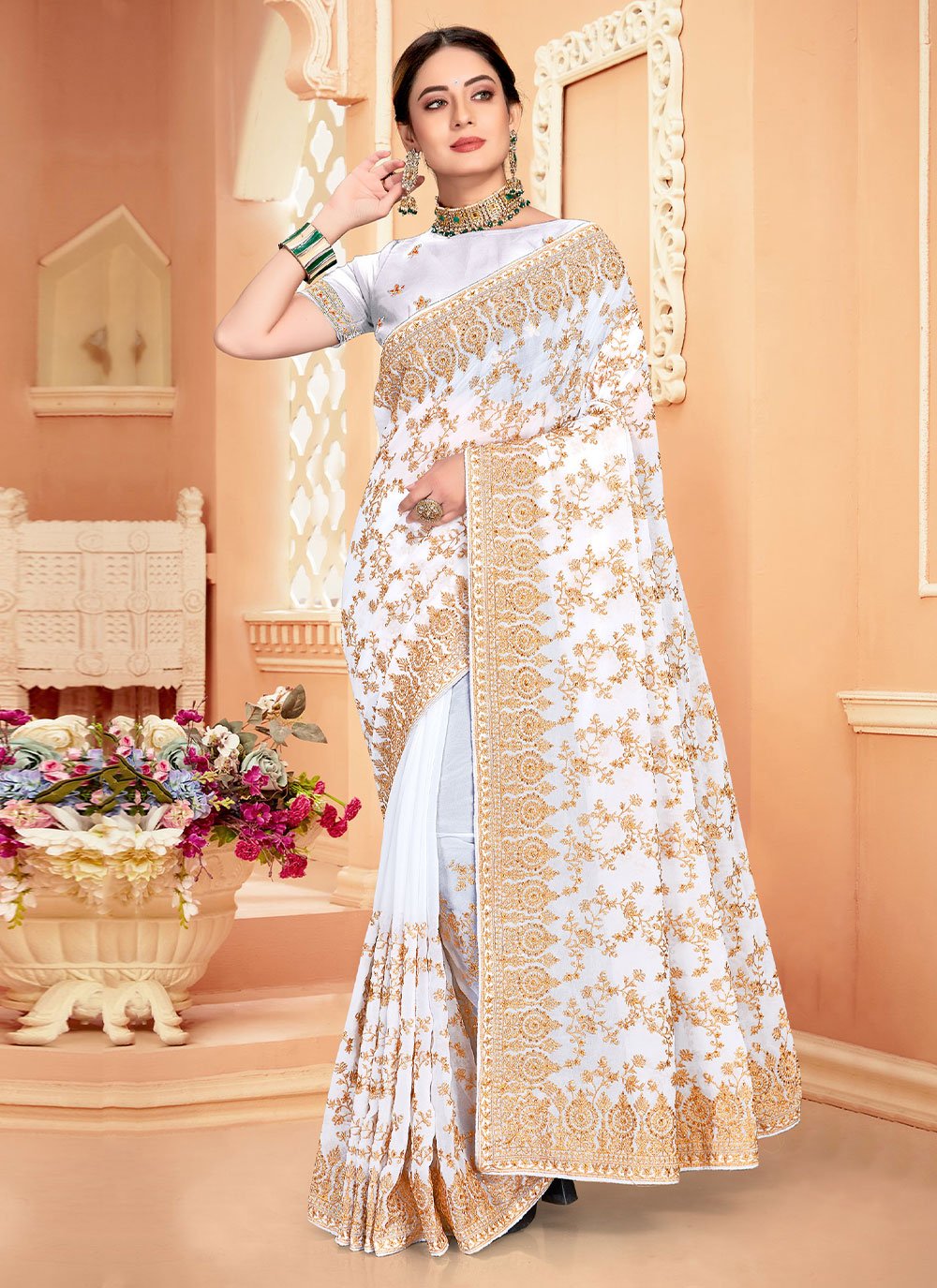 Classic Georgette White Embroidered Saree