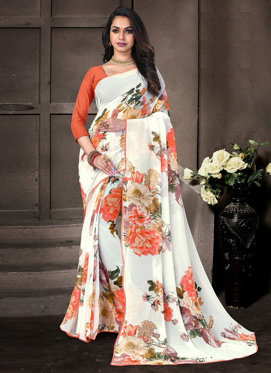 Classic Georgette White Floral Patch Saree