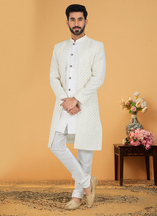Indo Western Banarasi Silk Georgette White Embroidered Mens