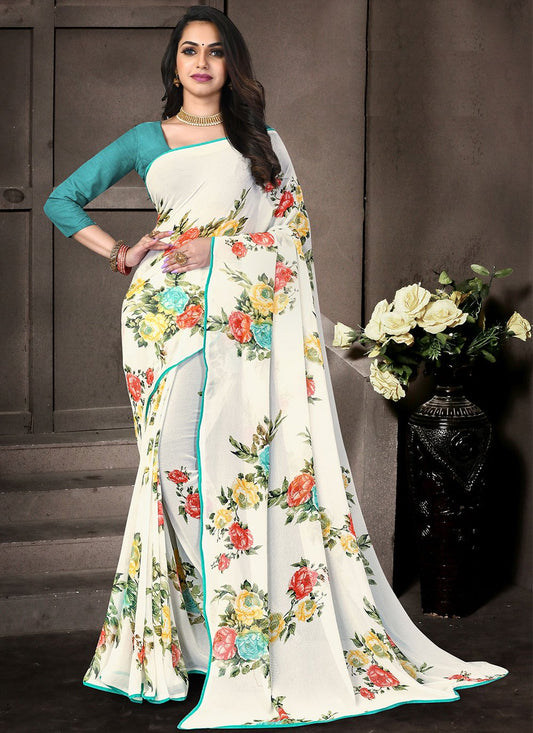 Classic Georgette White Floral Patch Saree