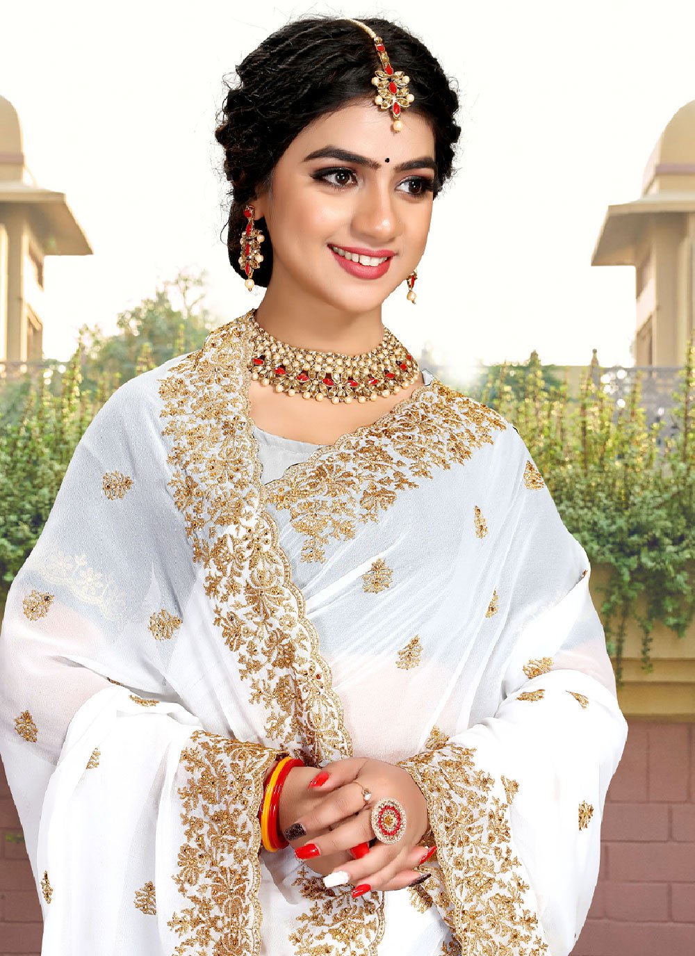 Classic Georgette White Embroidered Saree