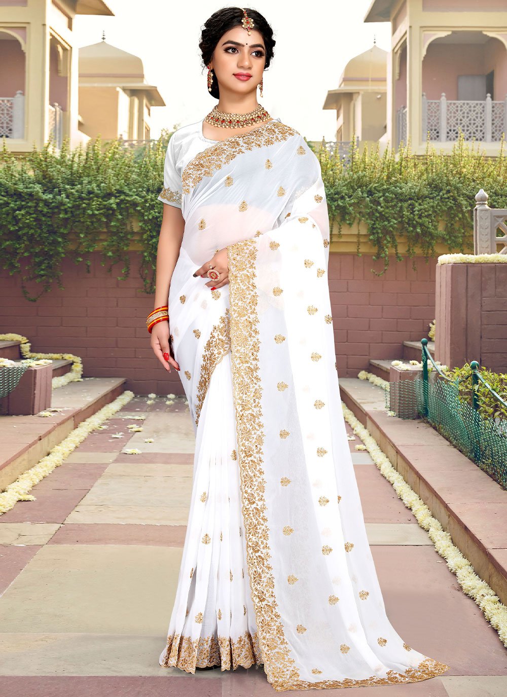 Classic Georgette White Embroidered Saree