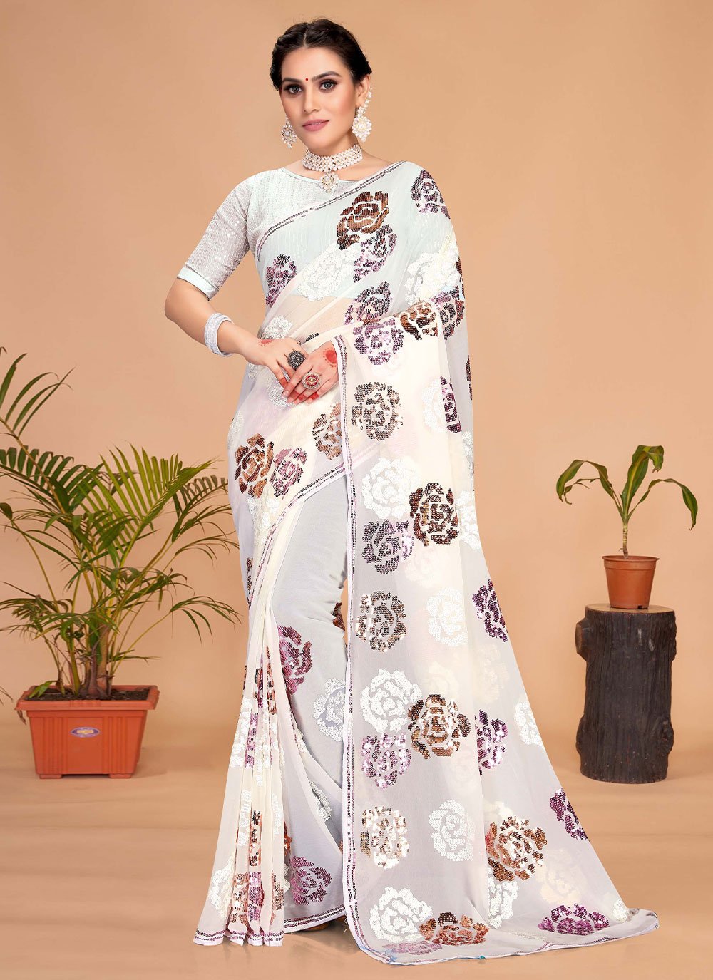 Classic Georgette White Embroidered Saree