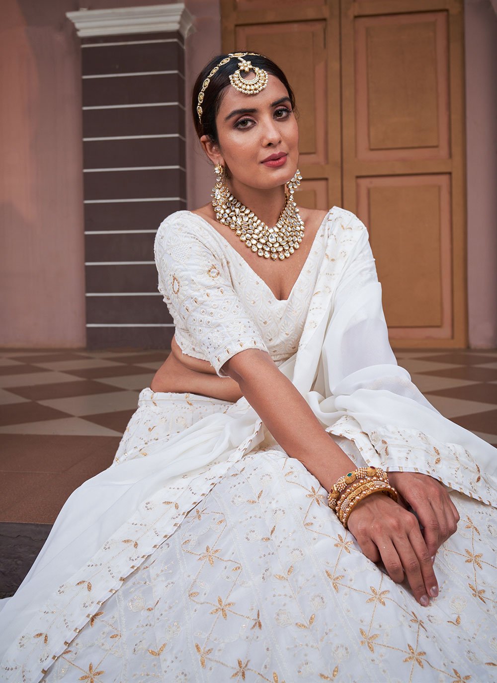 A Line Lehenga Georgette White Lucknowi Work Lehenga Choli