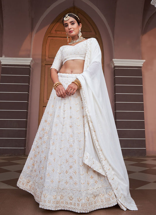 A Line Lehenga Georgette White Lucknowi Work Lehenga Choli