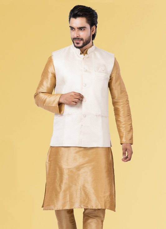 Nehru Jackets Jacquard Silk White Embroidered Mens