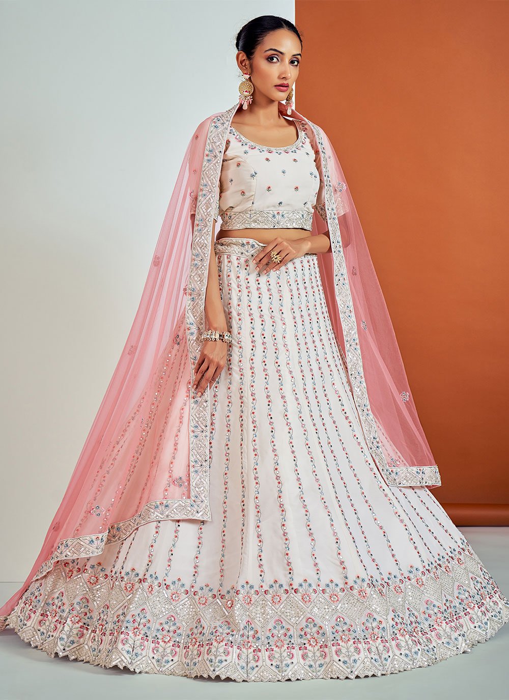 Lehenga Choli Georgette White Mirror Lehenga Choli