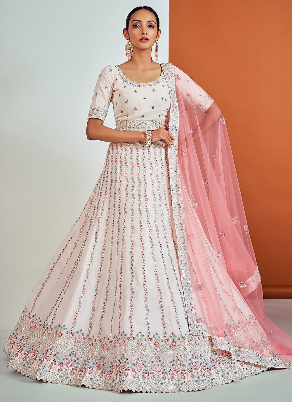 Lehenga Choli Georgette White Mirror Lehenga Choli