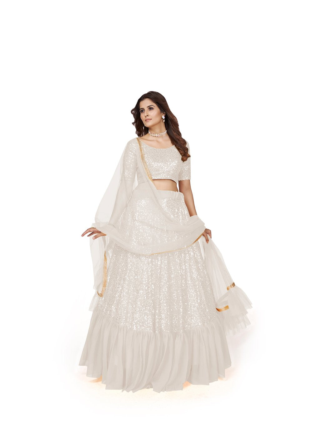 A Line Lehenga Georgette White Embroidered Lehenga Choli