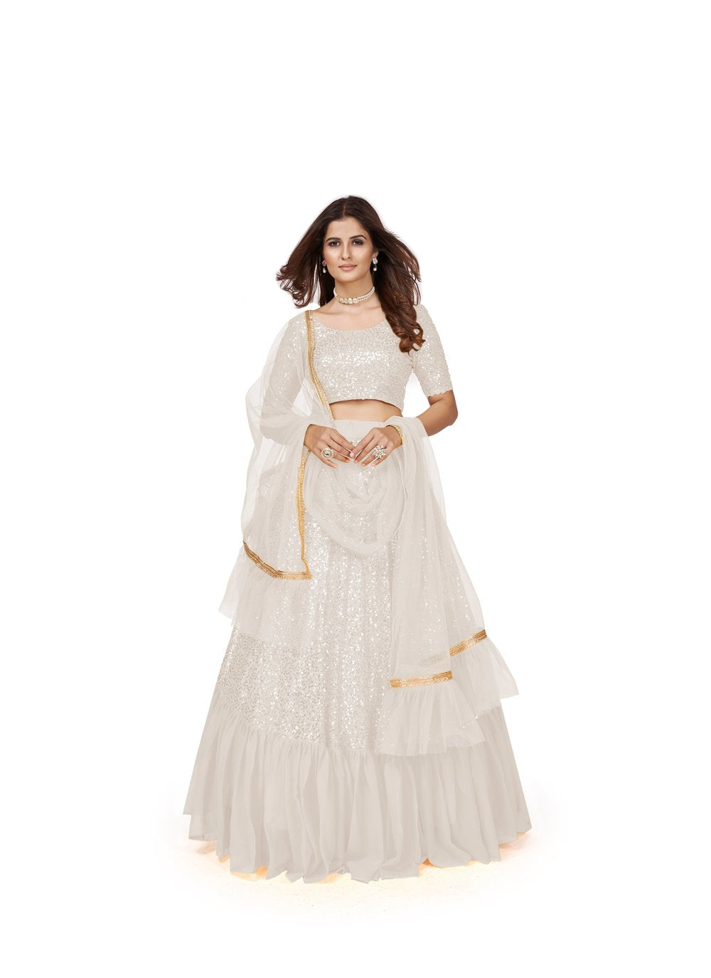 A Line Lehenga Georgette White Embroidered Lehenga Choli