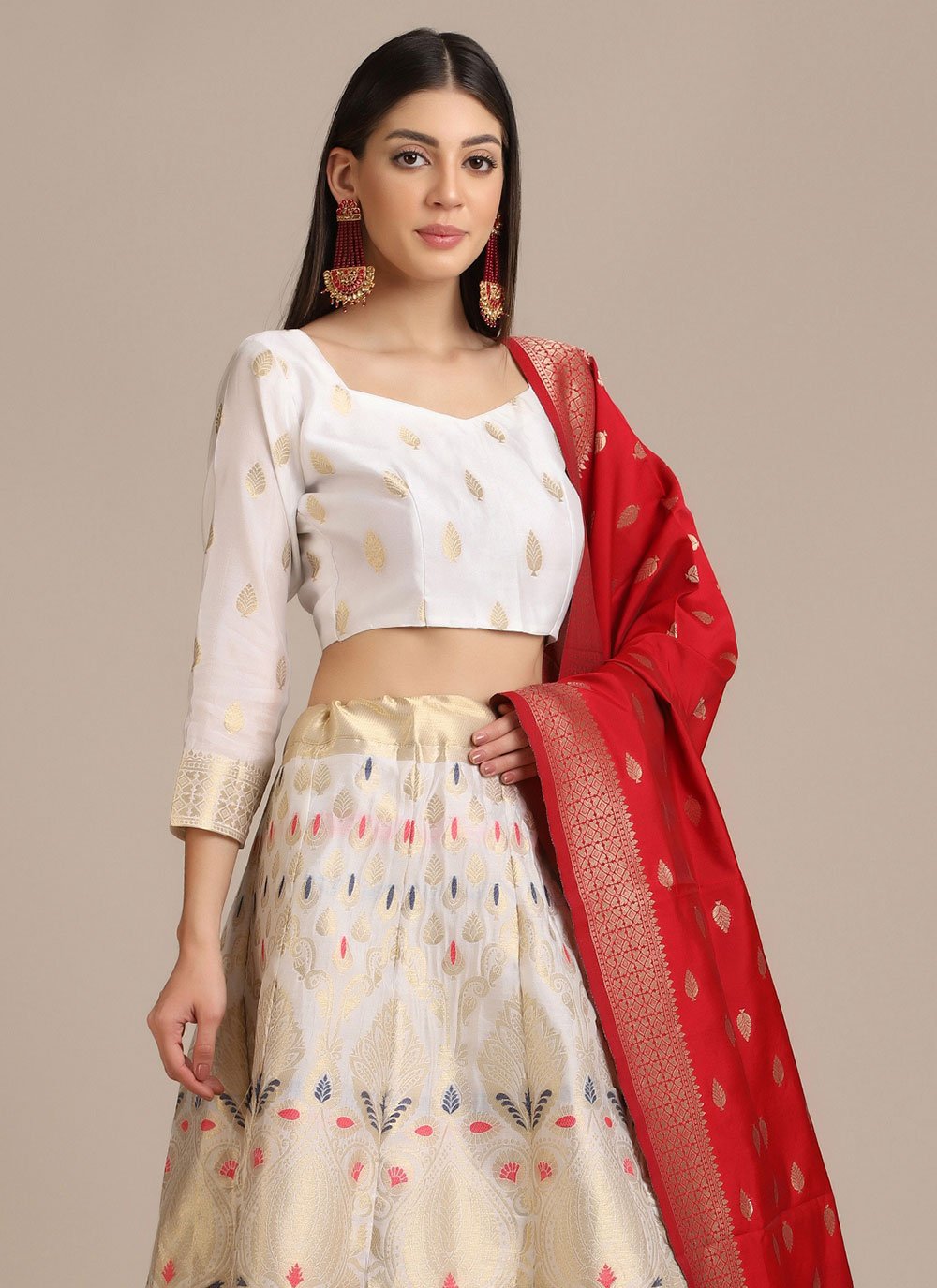 Lehenga Choli Jacquard White Woven Lehenga Choli