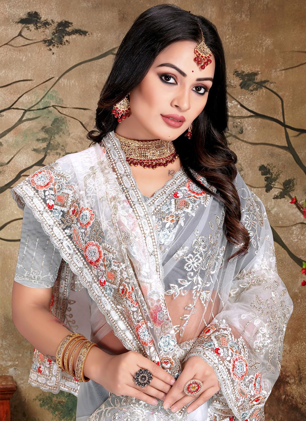 Contemporary Net White Cord Work Saree