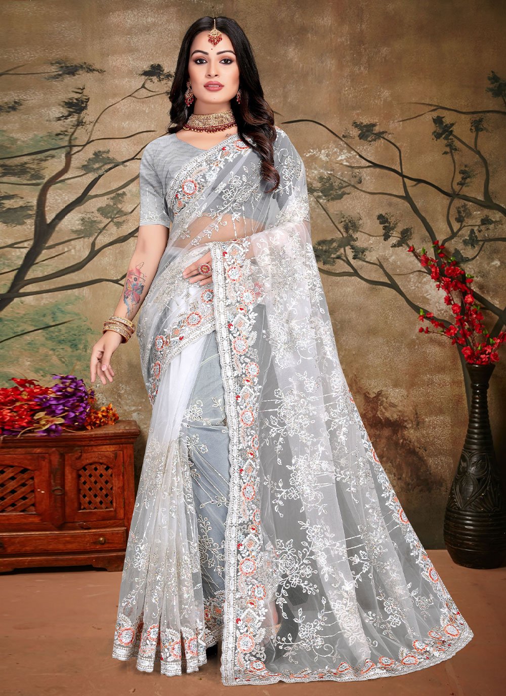 Contemporary Net White Cord Work Saree