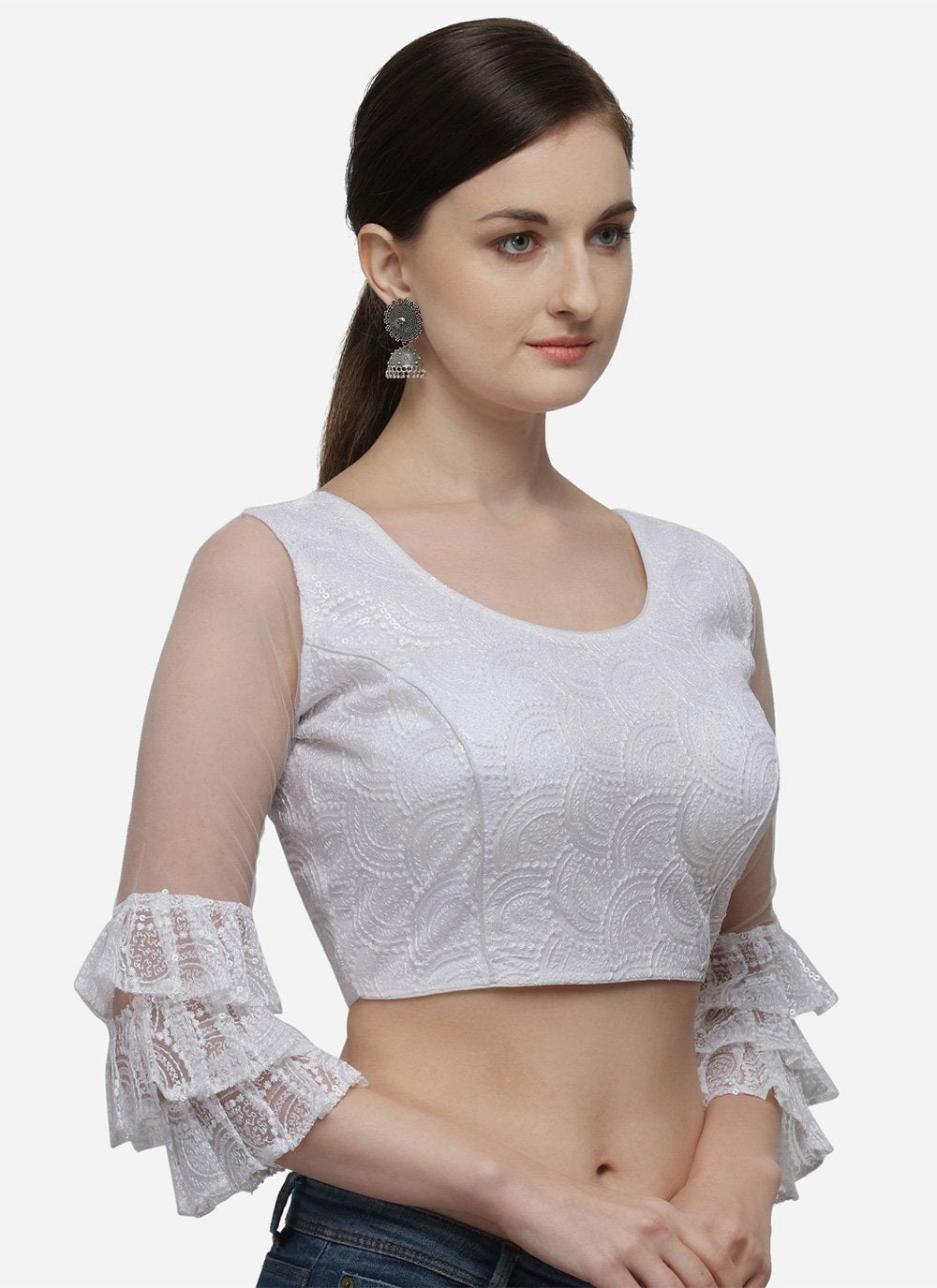 Designer Blouse Net White Embroidered Blouse