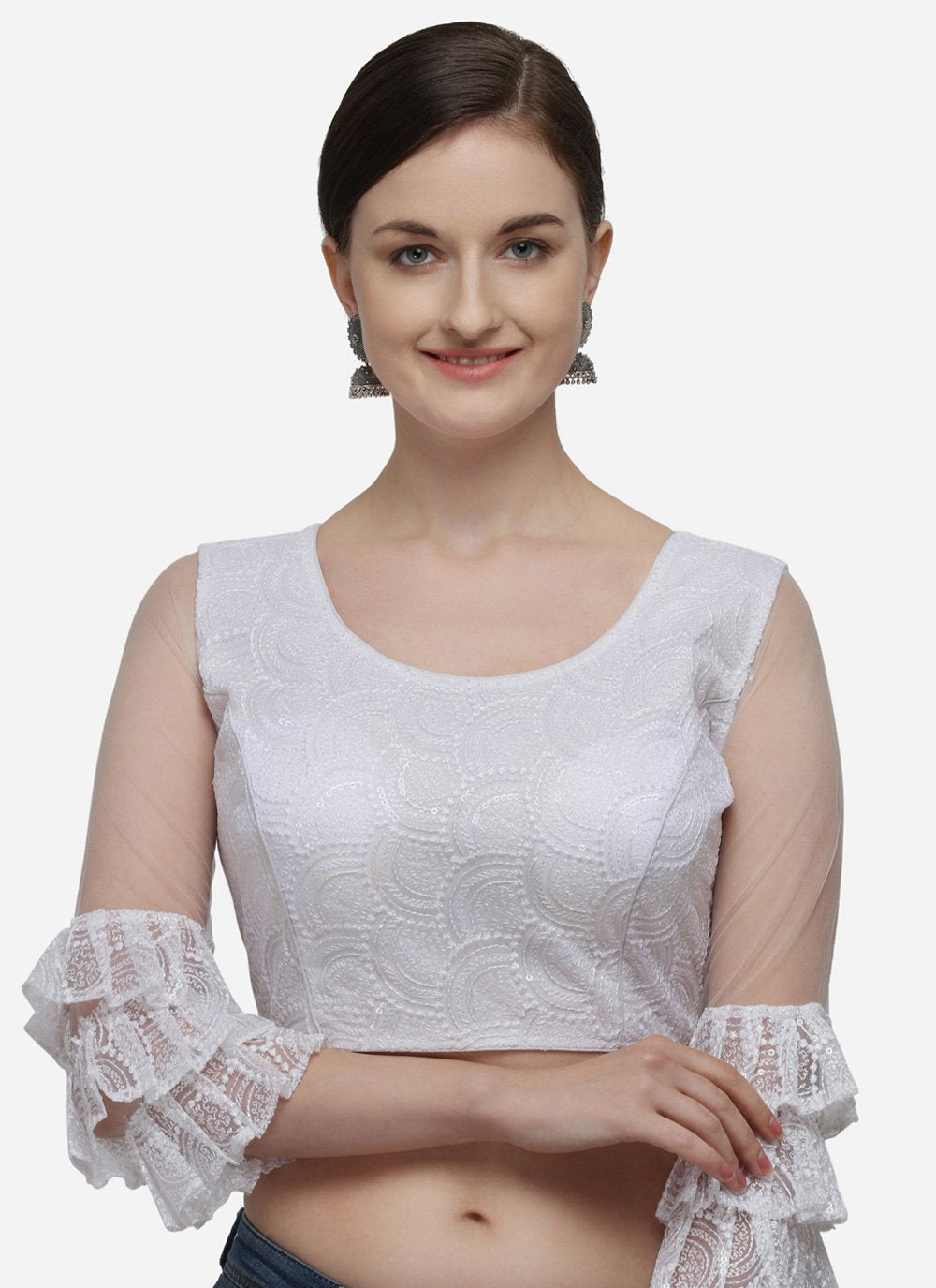 Designer Blouse Net White Embroidered Blouse