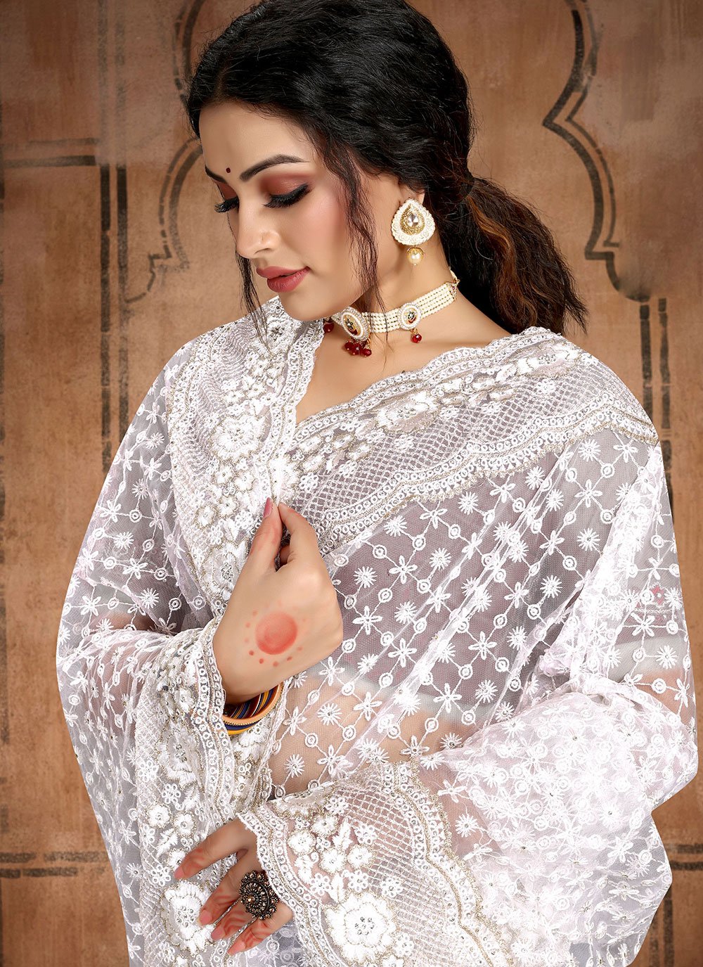 Classic Net White Diamond Saree