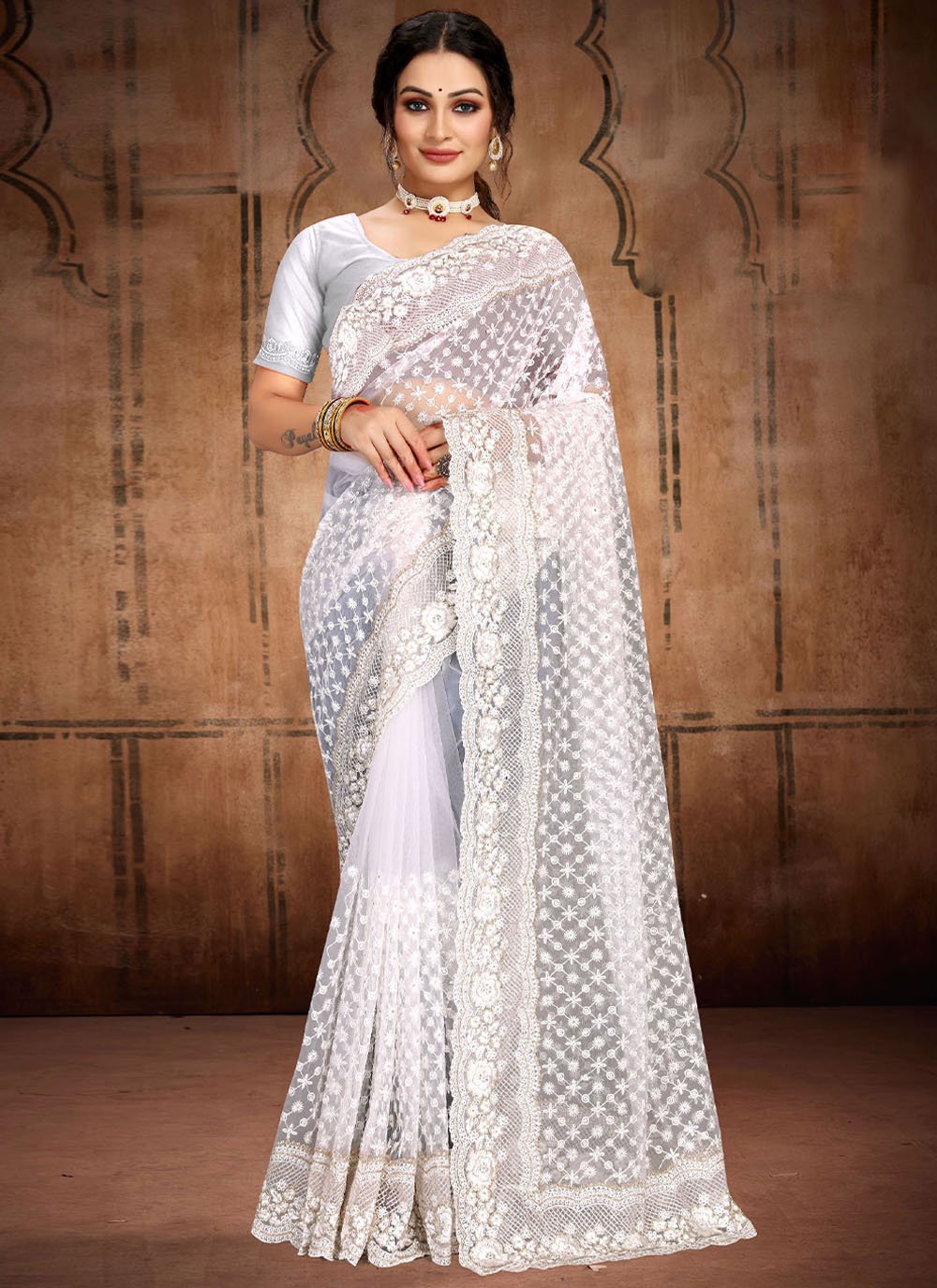 Classic Net White Diamond Saree