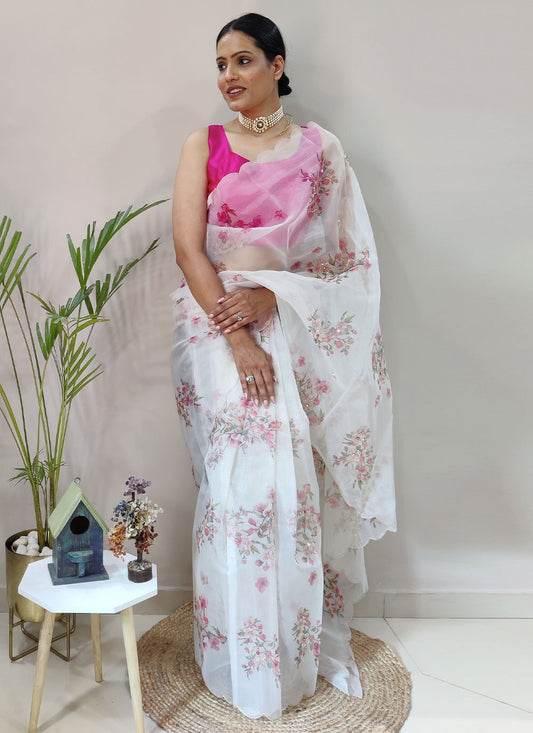 Contemporary Organza White Digital Print Saree