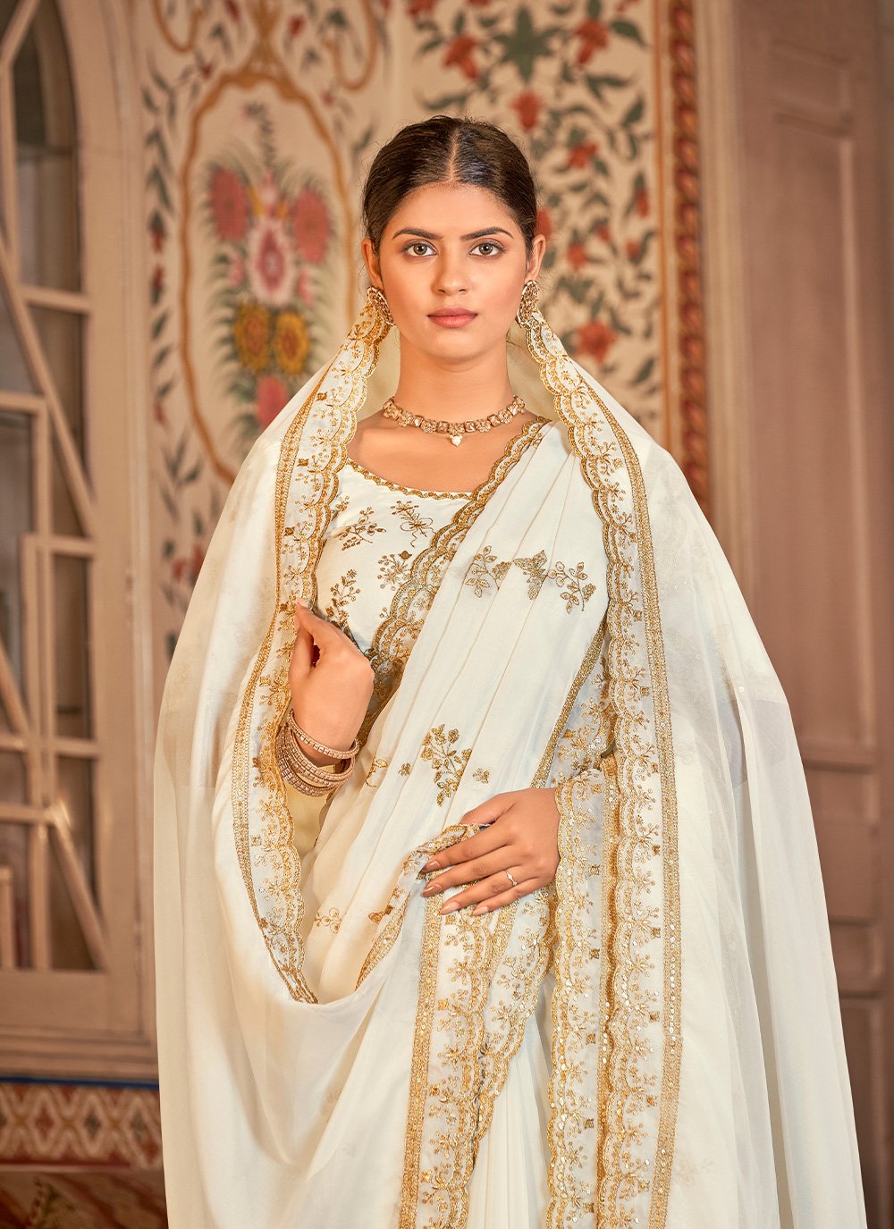 Contemporary Organza White Sequins Saree