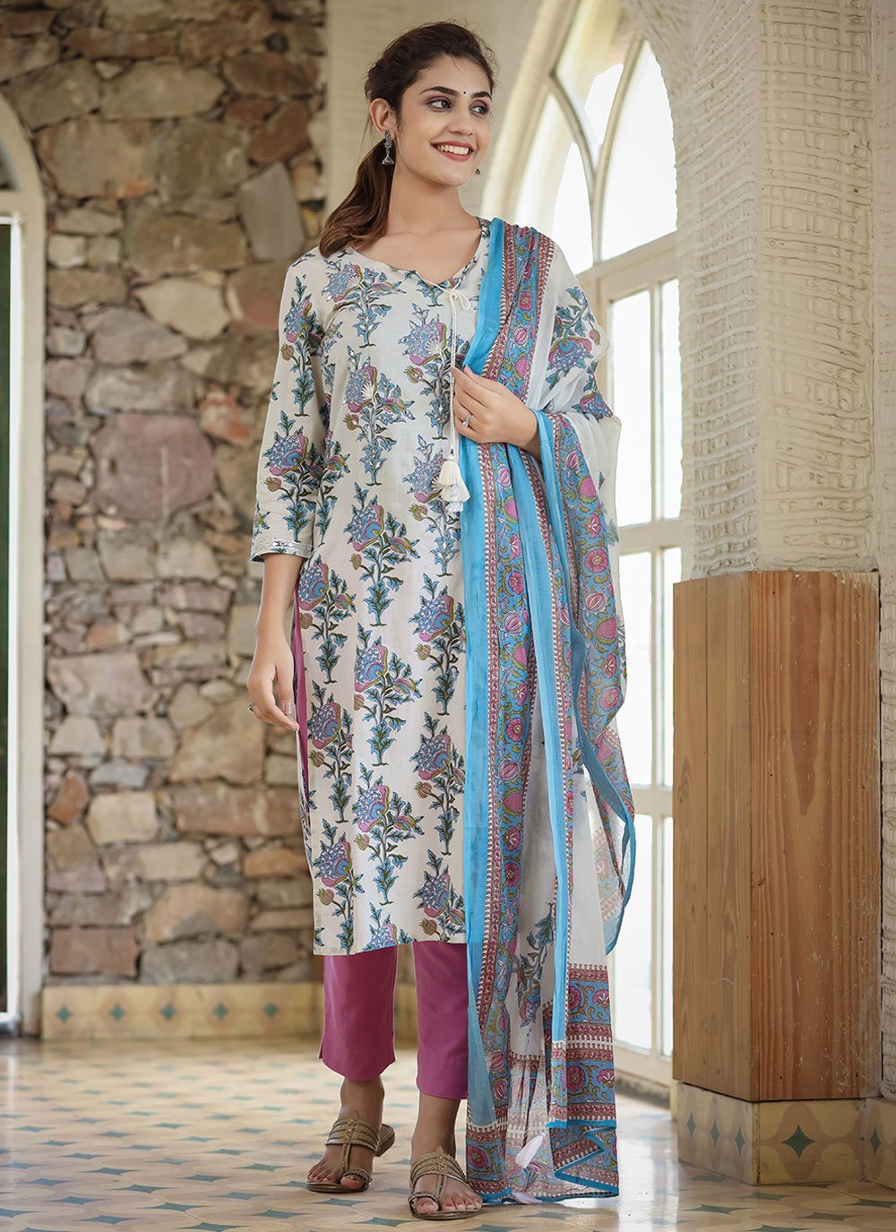 Pant Style Suit Cotton White Print Salwar Kameez