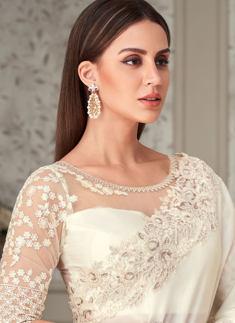 Contemporary Georgette Satin White Embroidered Saree