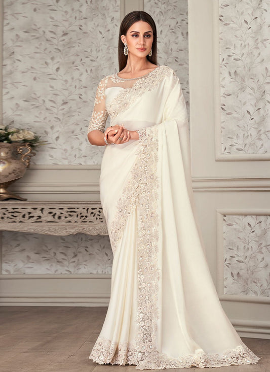 Contemporary Georgette Satin White Embroidered Saree