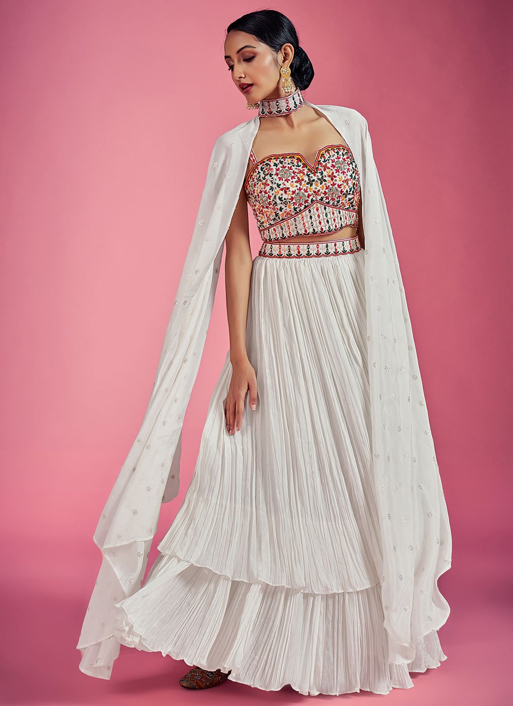 Lehenga Choli Chinon White Cut Dana Lehenga Choli