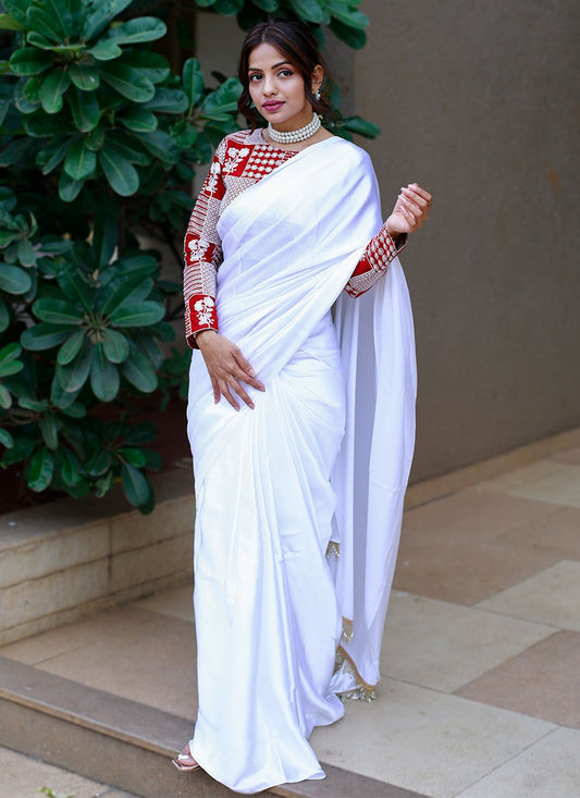 Classic Satin White Plain Saree